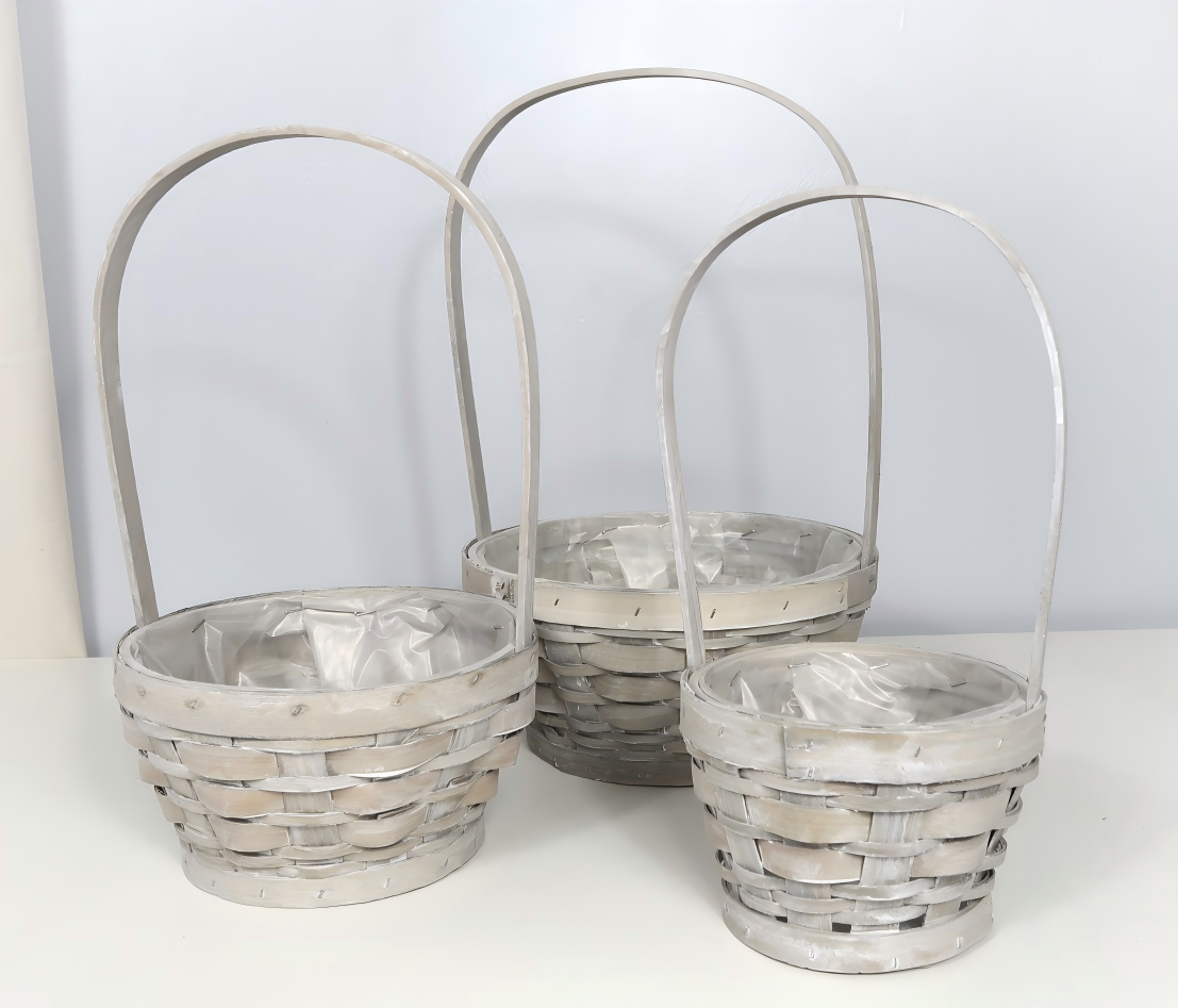 Washed Wooden Floral Basket with Handles & Liners – 3-Size Set