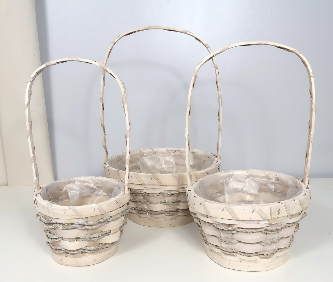 Seagrass & Wood Floral Basket Set with Handles – 3 Sizes, Washed White