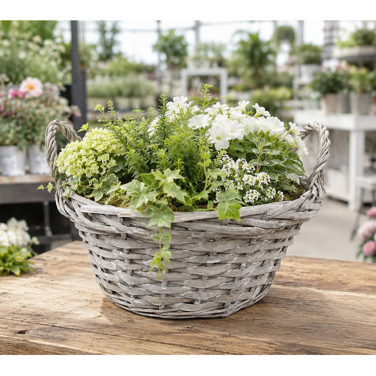 Wholesale Washed Gray Willow Planter Basket with Side Handles & Plastic Liner
