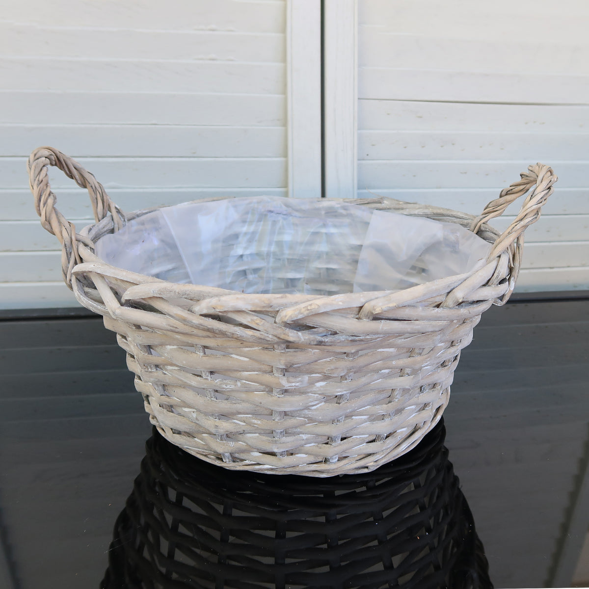 Wholesale Washed Gray Willow Planter Basket with Side Handles & Plastic Liner