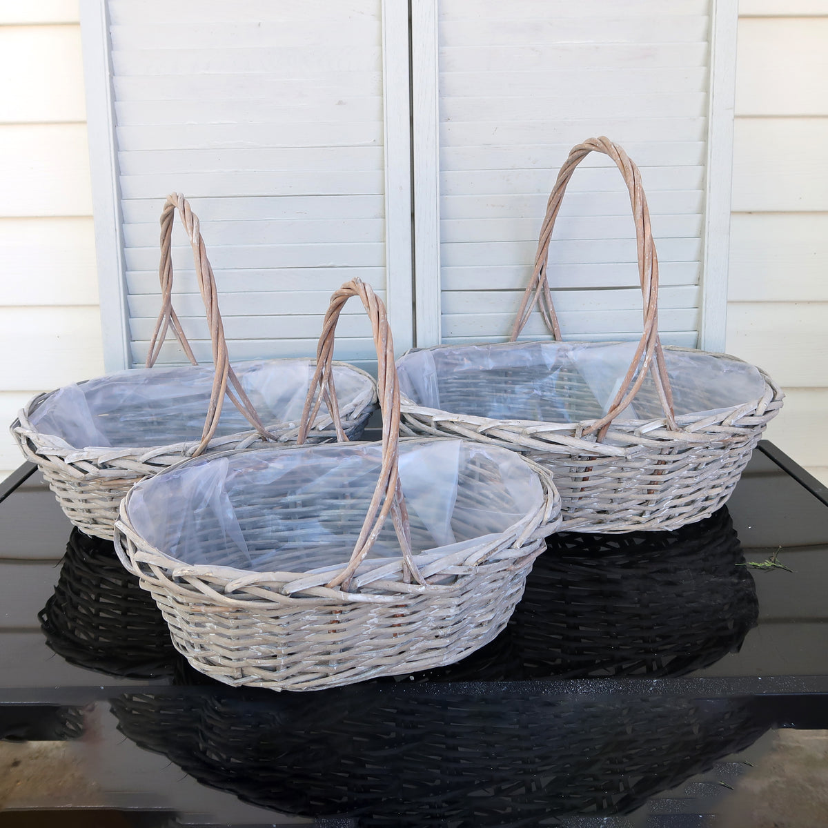 Washed Gray Willow Gift Basket Set with Handles – 3 Sizes