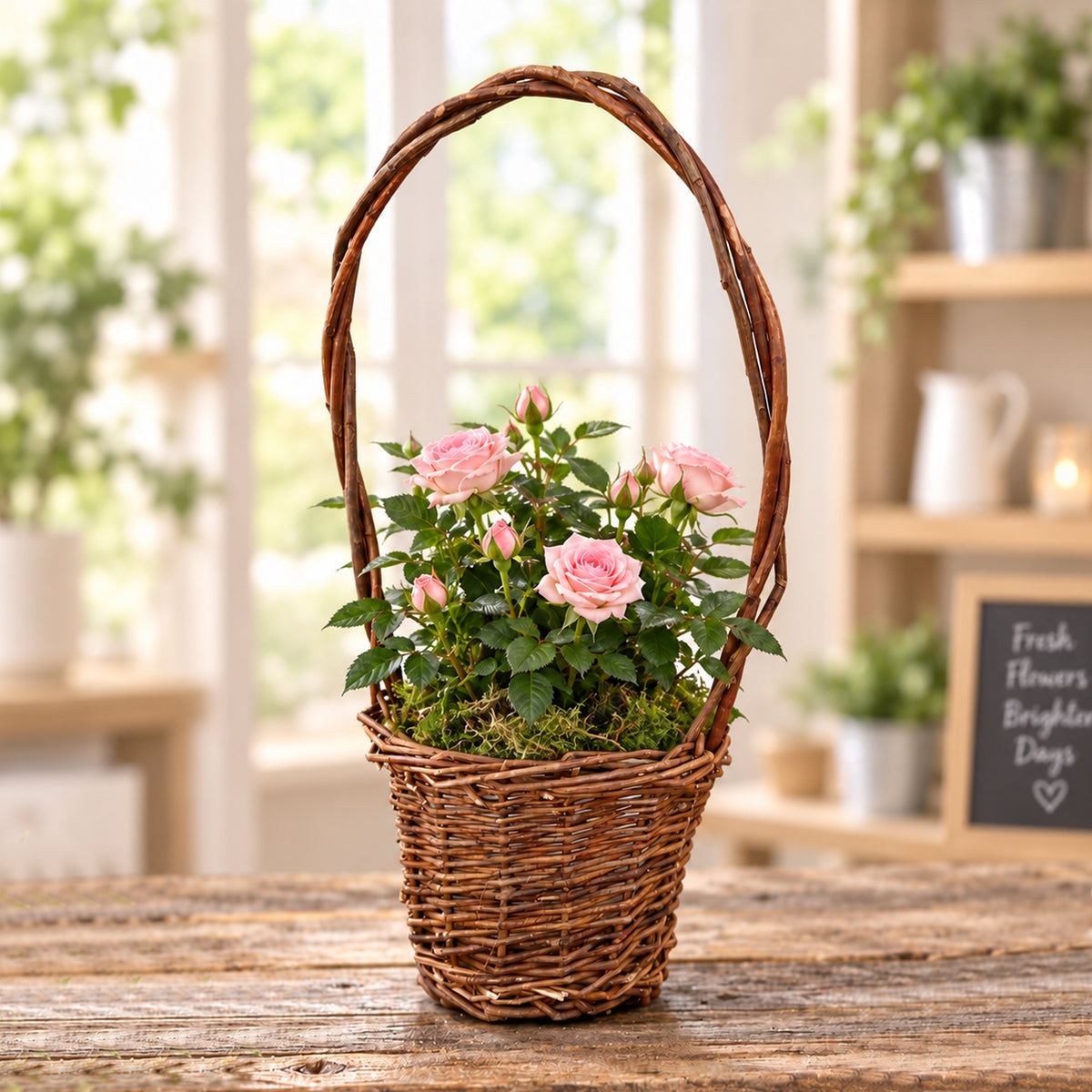 Willow Floral Basket with Tall Handle & Plastic Liner – Natural Brown
