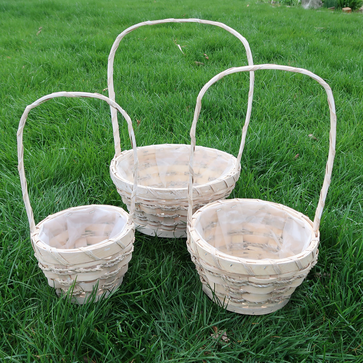 Seagrass & Wood Floral Basket Set with Handles – 3 Sizes, Washed White