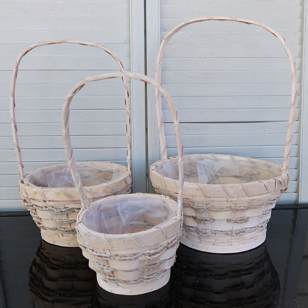 Seagrass & Wood Floral Basket Set with Handles – 3 Sizes, Washed White