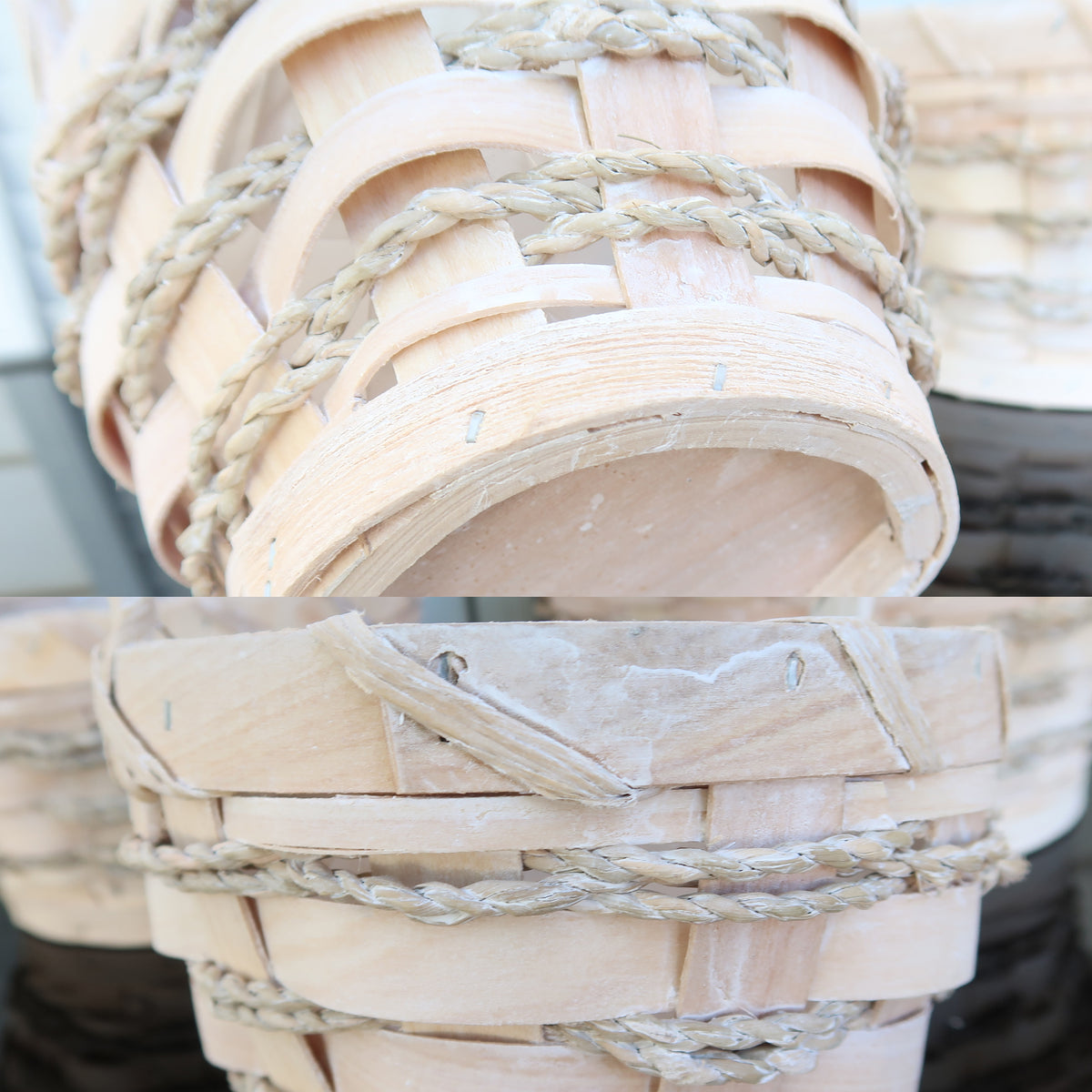 Seagrass & Wood Floral Basket Set with Handles – 3 Sizes, Washed White