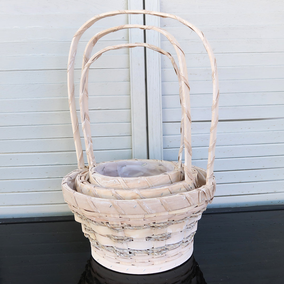 Seagrass & Wood Floral Basket Set with Handles – 3 Sizes, Washed White