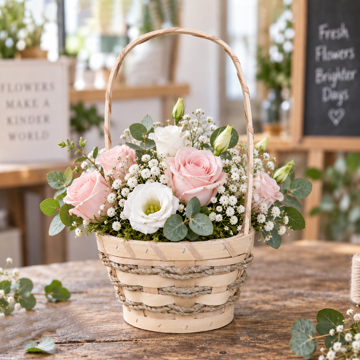 Seagrass & Wood Floral Basket Set with Handles – 3 Sizes, Washed White