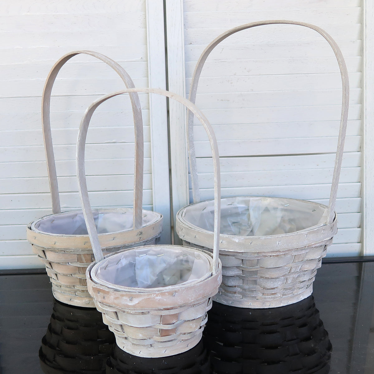 Washed Wooden Floral Basket with Handles & Liners – 3-Size Set