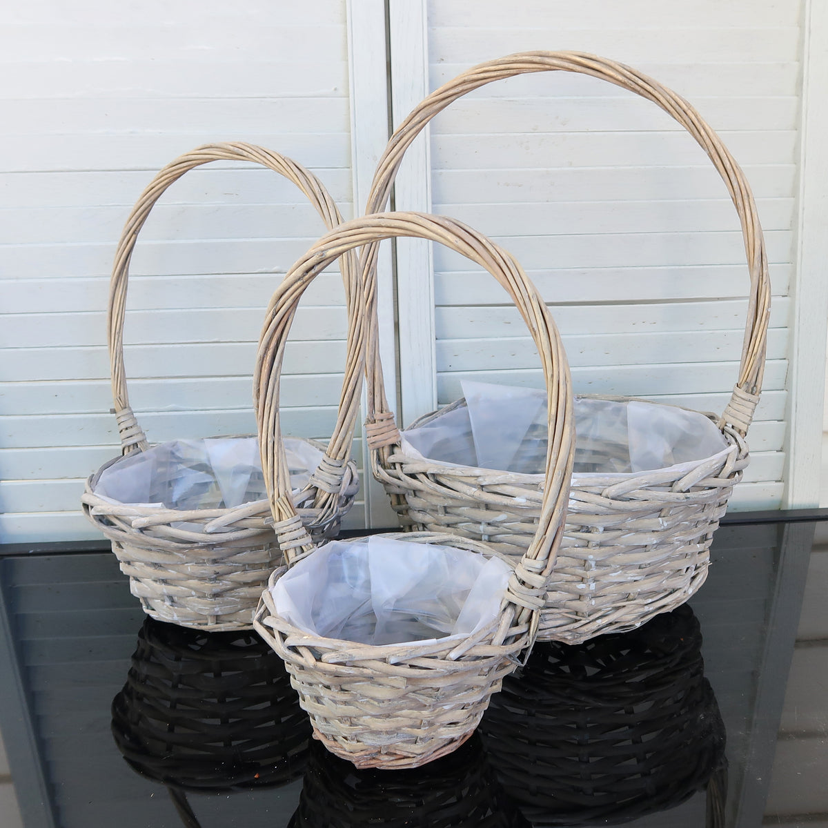 Washed Gray Willow Floral Basket with Handles & Liners – 3-Size Set