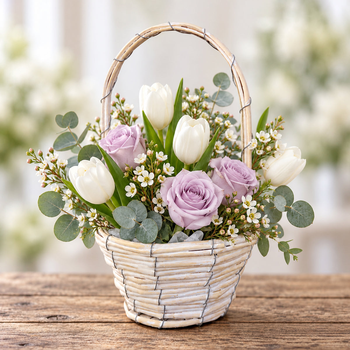White Willow Floral Basket with Handle & Liner– Washed White