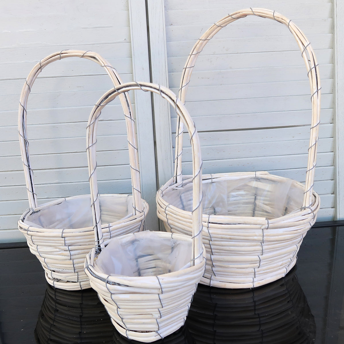 Washed White Willow Basket with Handle – 3-Size Set