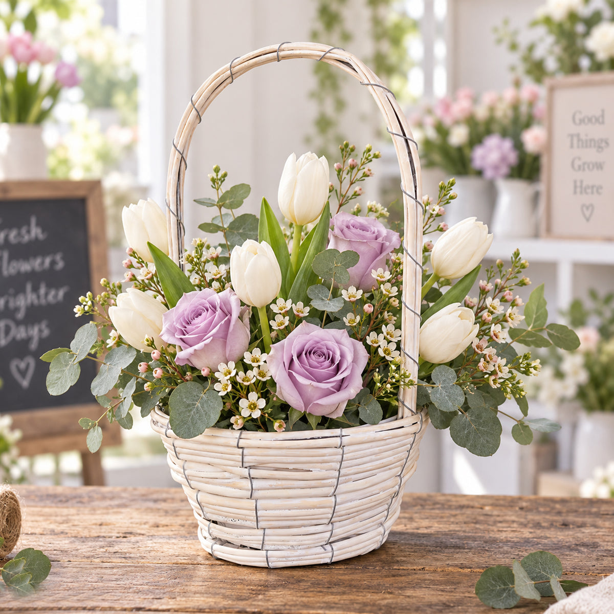 Washed White Willow Basket with Handle – 3-Size Set