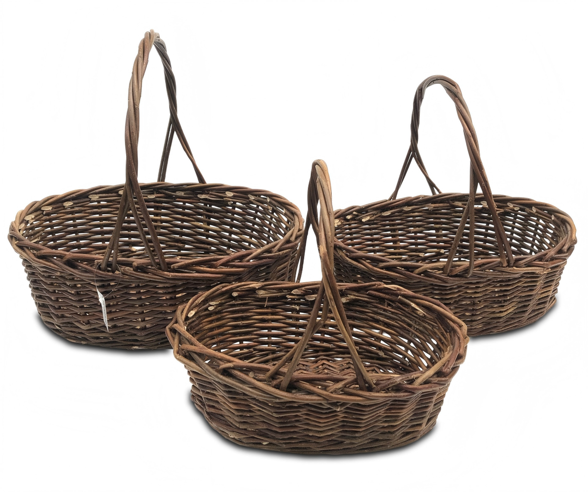Oval Willow Basket Set with Handles – 3 Sizes, Natural Brown