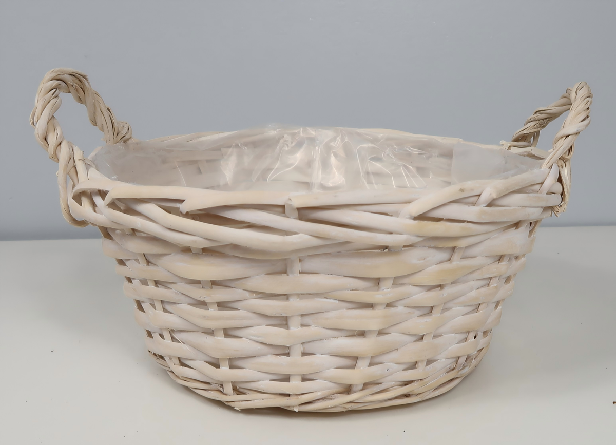 Wholesale Washed White Willow Planter Basket with Side Handles & Plastic Liner