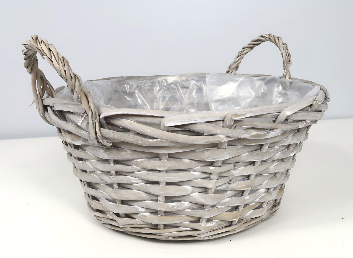 Wholesale Washed Gray Willow Planter Basket with Side Handles & Plastic Liner
